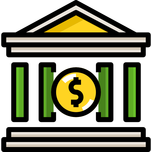 A logo picturing a bank with green columns and a dollar sign in the middle. 