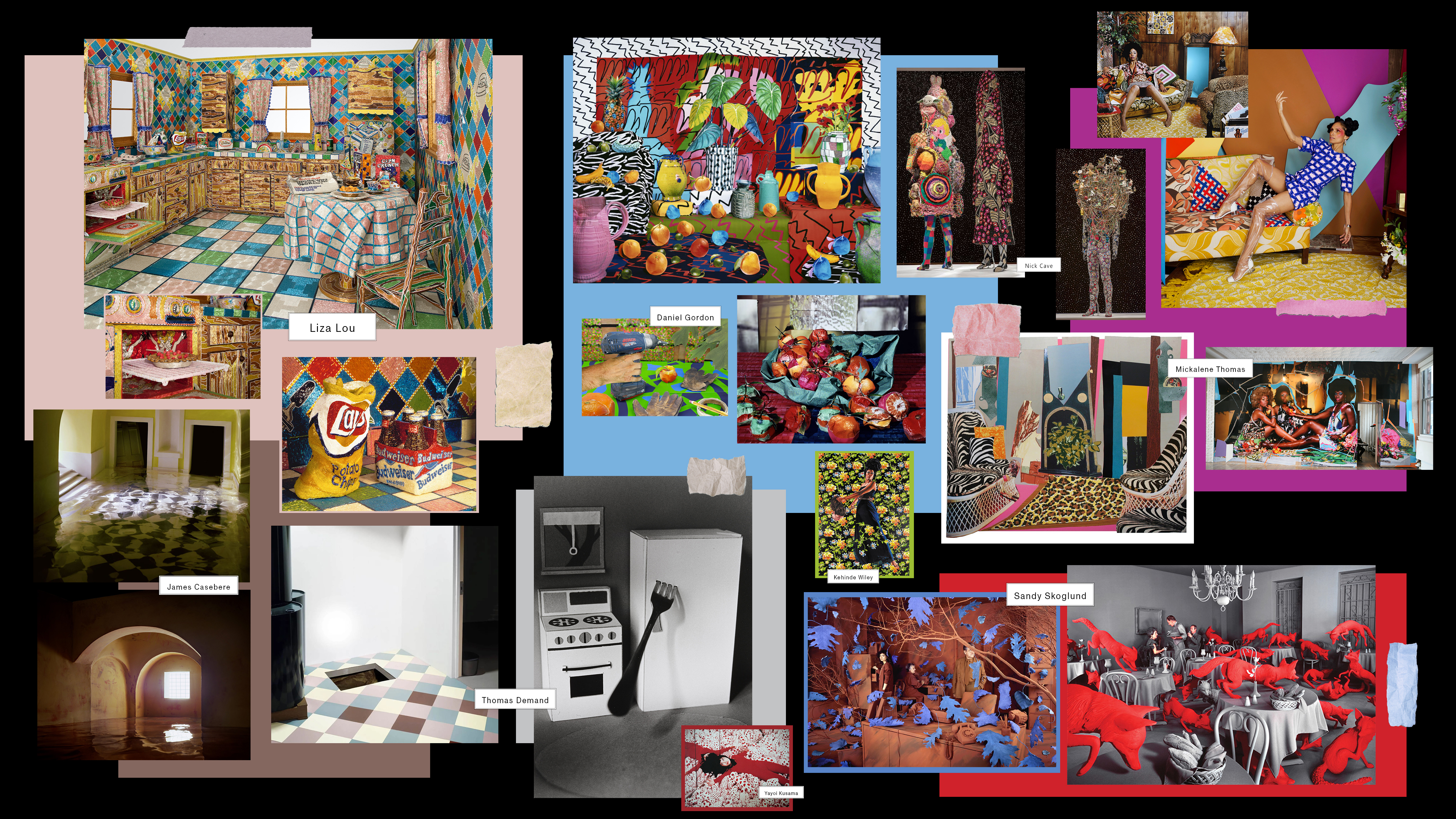 A digital collage of works from the artists cited above. Against a black background are a number of colorful images including a kitchen scene, hallways, still life's, a dining room, living rooms, and costumed people. 
