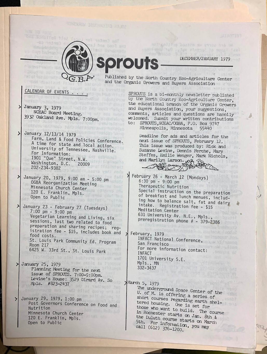 S.P.R.O.U.T.S 1979 newsletter Published by the NCEAC (North Country Eco-Agriculture Center) and the OGBA (Organic Growers and Buyers Association.