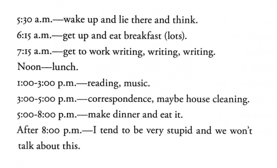 A typed out schedule that says the following:
5:30 am: wake up andlie there and think.
6:15am: get up and eat breakfast (lots).
7:15am: get to work writing, writing, writing.
Noon: lunch.
1:00-3:00pm: reading, music.
3:00-5:00pm: correspondence, maybe housecleaning.
5:00-8:00pm: make dinner and eat it.
After 8:00pm: I tend to be very stupid and we won't talk about this.