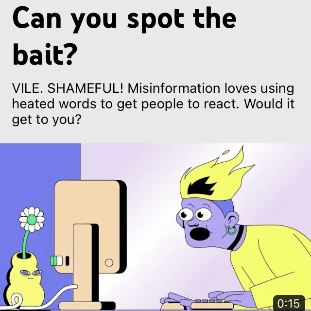 Screenshot of a graphic that says "Can you spot the bait?" and has a warning about misinformation, with a cartoon of an alarmed person staring at their computer below. 